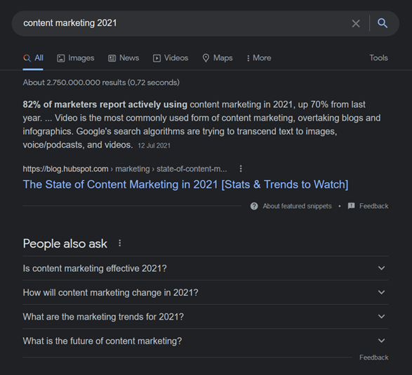 Results for Google search query, "content marketing 2021" including list of relevant questions related to the term. Liam Hennessy, Digital Strategist