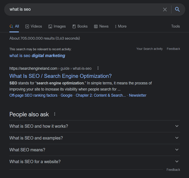 Google search results for the term "What is SEO?". Includes list of relevant questions. Liam Hennessy, Digital Strategist.